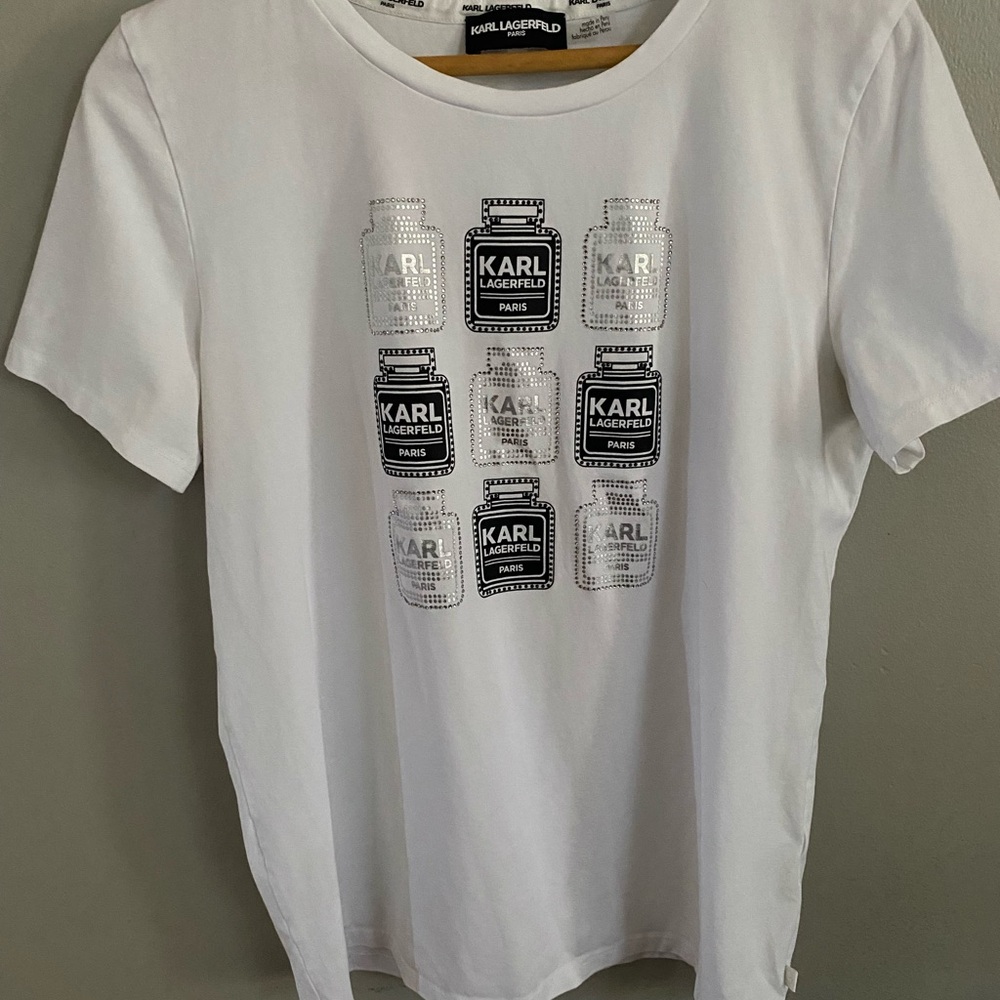 Karl‎ Lagerfeld White Graphic T-Shirt with bling size medium